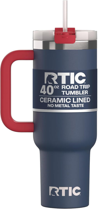 RTIC 30 oz Road Trip Tumbler Double-Walled Ceramic Lined InsulatedStainless Steel Portable Travel Coffee Mug Cup with Lid, Handle and Straw, Periwinkle Bouquet
