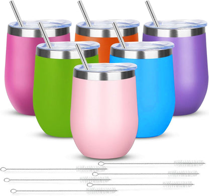 12oz/4 Pack Wine Tumbler Glasses with Lid Stemless Double Wall Vacuum Stainless Steel Travel Tumbler Keeping Cold & Hot for Wine,Coffee,Cocktails,Drinks-Family and Gifts (Multi color-dark)
