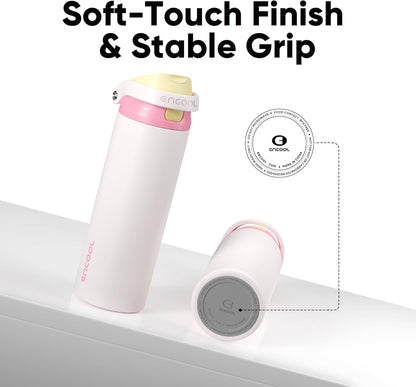 ENCOOL Leakproof Insulated Water Bottle with Straw Dual-Sip Water Bottle Bag-Safe Design for Work, Commute & Gym – Keeps Drinks Cold All Day, 24 oz, Lemonade Pink - Colors A