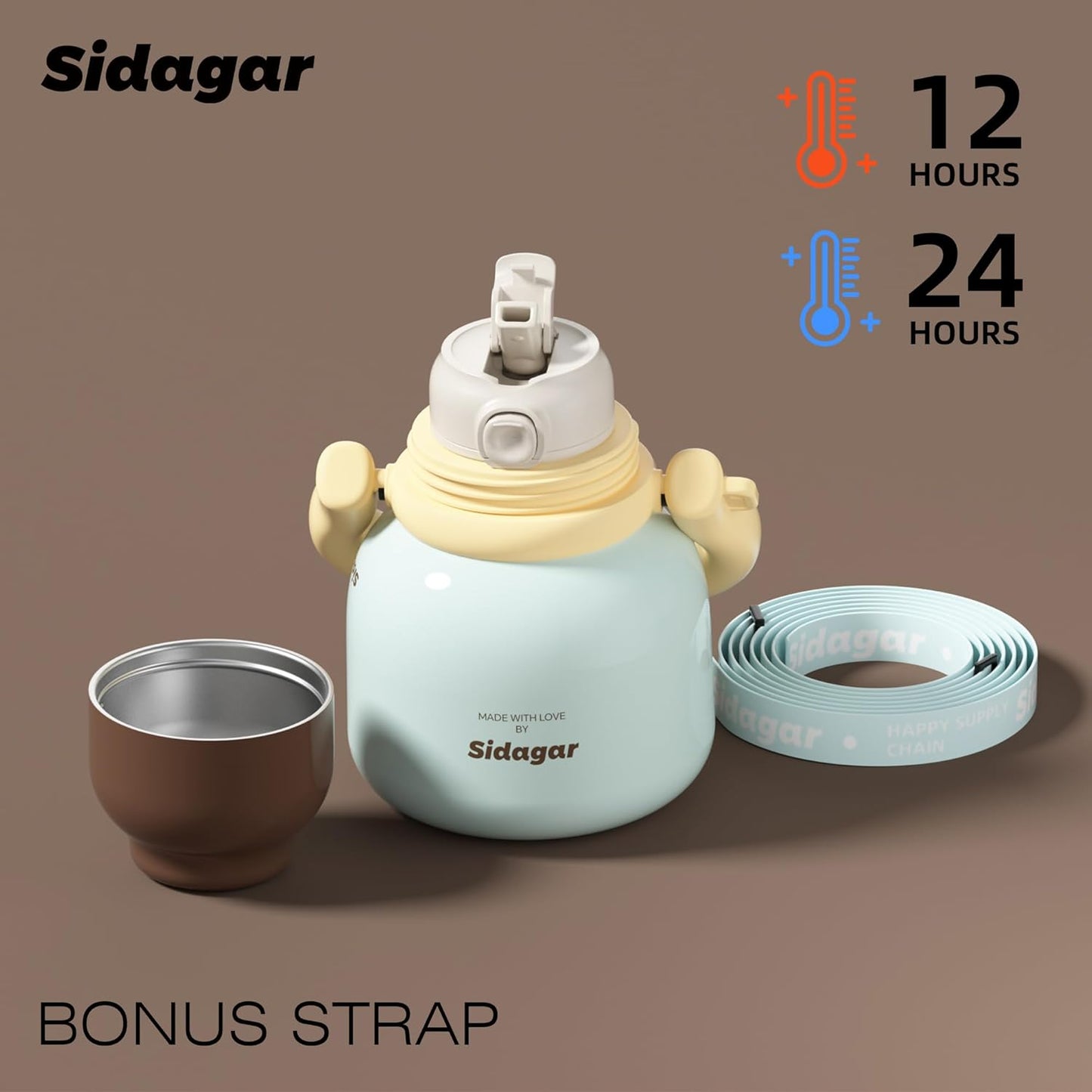 22 oz Water Bottle with Straw and Bowl, Unique Insulated Stainless Steel Tumbler, Spill-proof Reusable BPA-Free Cup, Pilates Wellness Study Travel, with Bonus Strap - Chocolate Black