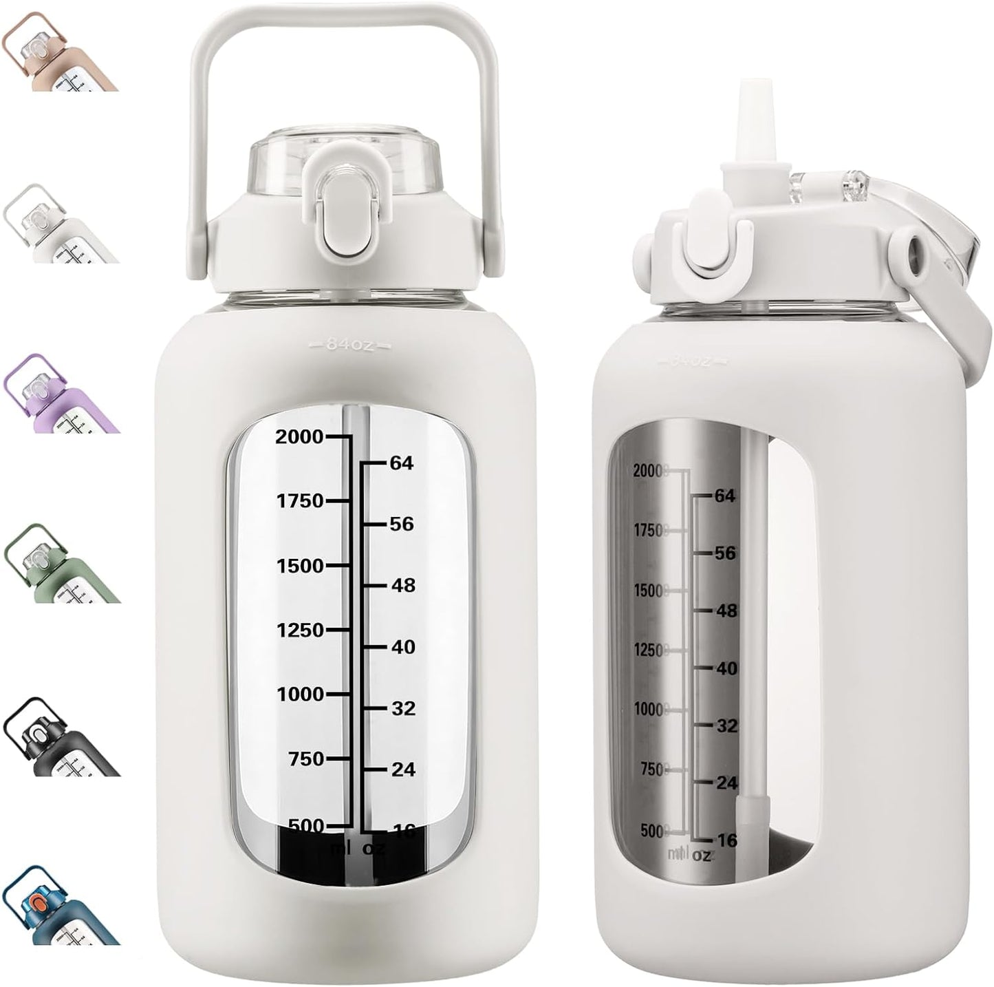 64oz Glass Water Bottles with Straw, Half Gallon Motivational Glass Bottle with Silicone Sleeve and Time Marker, 2L Leakproof Large Glass Water Jug for Gym Home Office,olive