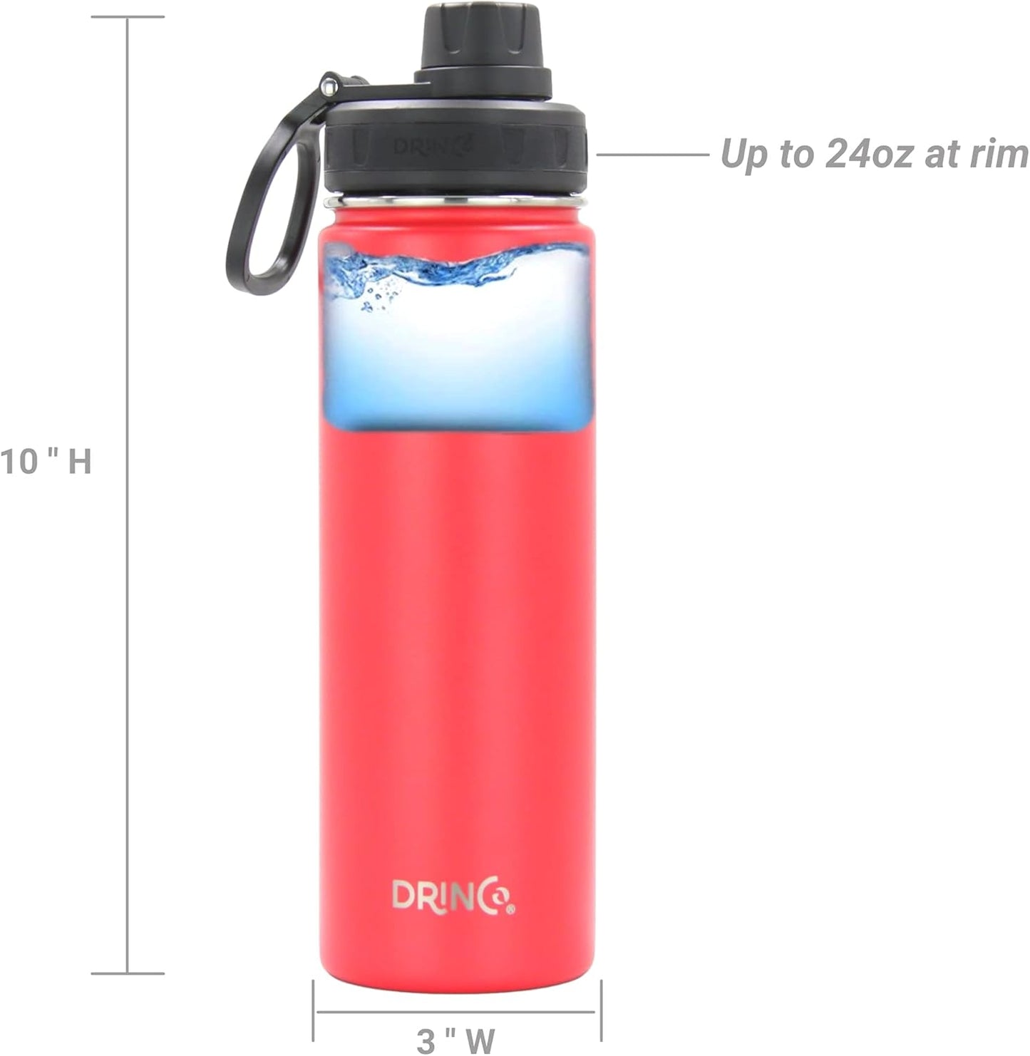 Drinco Stainless Steel Water Bottle Spout Lid Vacuum Insulated Double Wall Water Bottle Wide Mouth (40oz 32oz 22oz 18oz 14oz) Leak Proof Keep Cold Sport Camping Hiking (22 oz, 22oz Black)