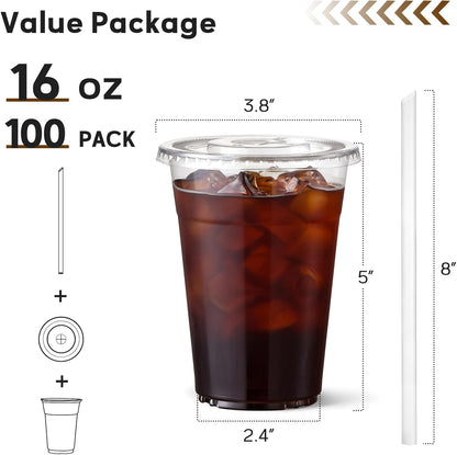 AOZITA 100 Pack - 16 oz Clear Plastic Cups with Lids and Straws, Food Safe Disposable Iced Coffee Cups for Cold Beverages, Smoothies, Iced Coffee, Leak-Proof, BPA-Free