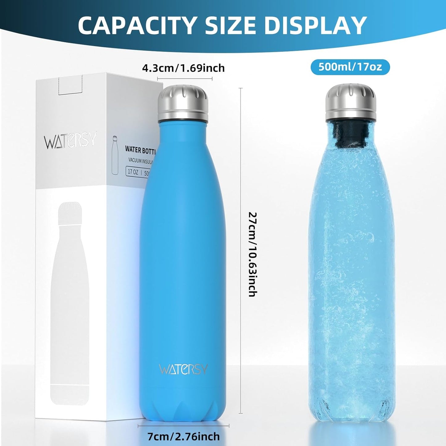 WATERSY Stainless Steel water bottles,17oz/500ml Insulated Water Bottles,Deep Blue metal water bottle Keeps Drink Cold and Hot,BPA Free kids water bottles for School,Gym,Travel,Sports