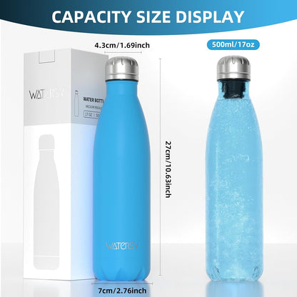 WATERSY Stainless Steel water bottles,17oz/500ml Insulated Water Bottles,Deep Blue metal water bottle Keeps Drink Cold and Hot,BPA Free kids water bottles for School,Gym,Travel,Sports