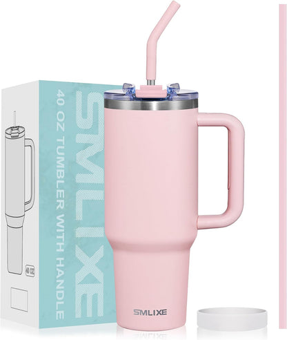40 oz Tumbler with Handle and Straw Lid,Insulated Reusable Stainless Steel Water Bottle Travel Mug，Cupholder Friendly Double Wall Vacuum Sealed Cup (Black)