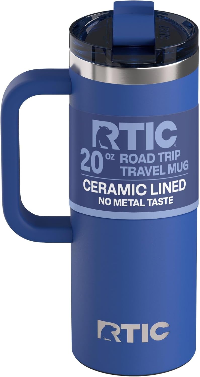 RTIC 20oz Road Trip Travel Mug with Lid and Handle, Ceramic Lined, Insulated, Stainless Steel, Metal, Double Wall Vacuum-Insulation, Portable Coffee, Tea Cup for Hot and Cold Drink, Black