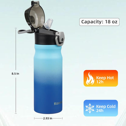 Konokyo 18 oz Insulated Water Bottle with Straw Lid, Stainless Steel Vacuum Sports Water Bottle, Leak-Proof Reusable Metal Flask with Carry Loop, BPA-Free Travel Bottle for Gym, School, Office