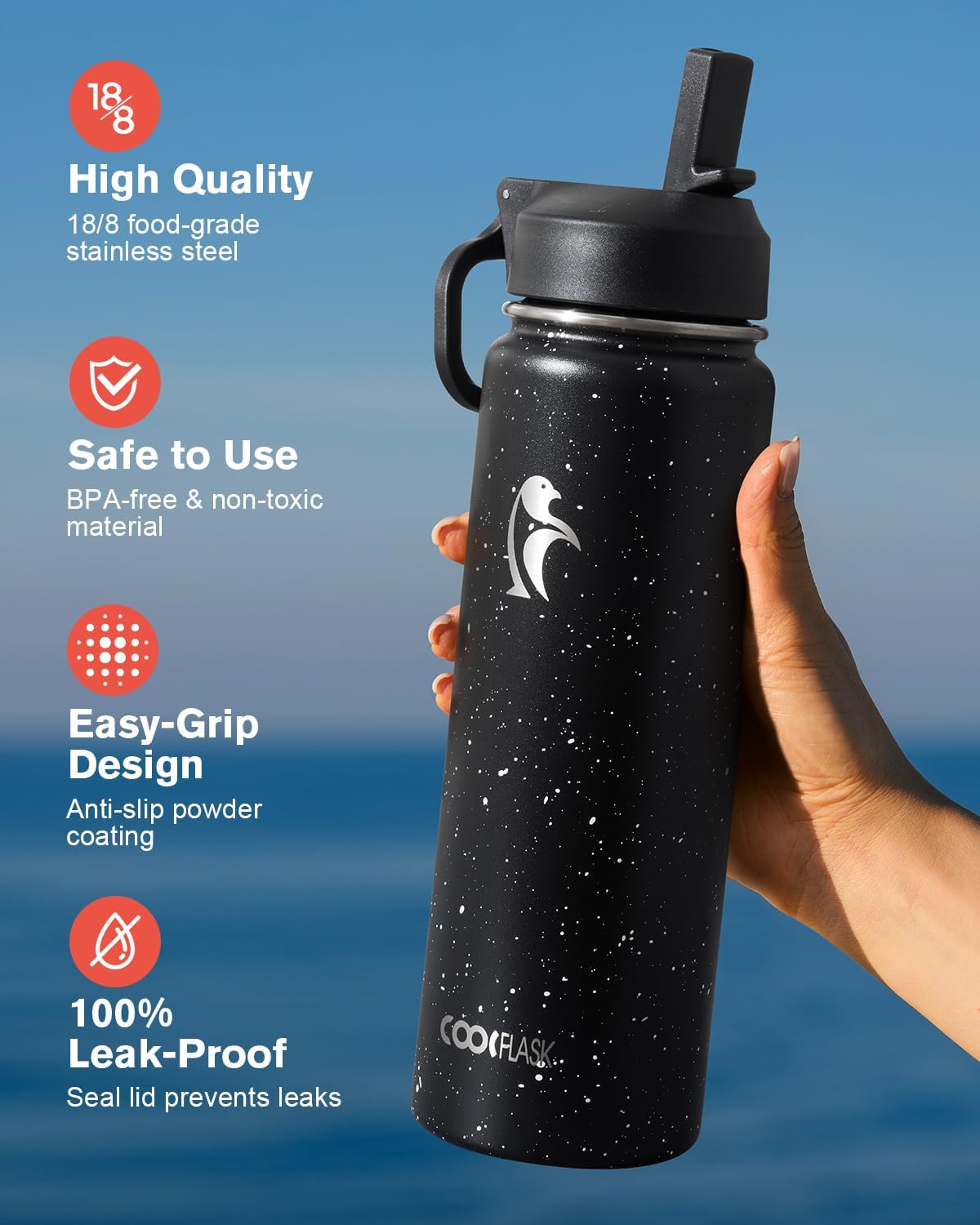Half Gallon Water Bottle Insulated with Straw & 3 Lids, Coolflask 64 oz Water Jug Large Metal Stainless Steel Wide Mouth for Sports, Gym or Office, Non-BPA Keep Cold 48H Hot 24H, Samurai Cyan