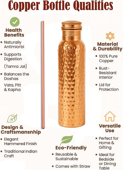 Taluka 100% Real Pure Copper Water Bottle For Drinking 34 OZ/1000 ML Hammered Copper Bottle With Straw Handcrafted Leak Proof Design Ayurveda Health Benefits For Yoga Office Travel Gym