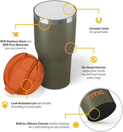 RTIC 20oz Essential Tumbler with Lid, Ceramic Lined, Insulated, Stainless Steel, Metal, Double Wall Vacuum-Insulation, Travel Cup for Iced Coffee, Tea, Hot and Cold Drink, Graphite
