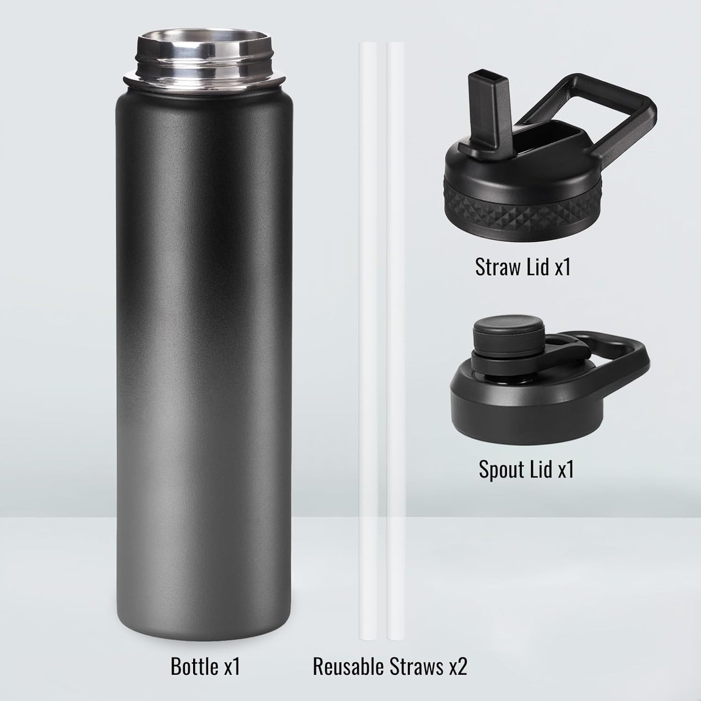 Fijinhom 24 oz Insulated Water Bottle with Handle, 304 Stainless Steel Water Bottles with Wide Mouth, Double Wall Vacuum Sports Water Bottle, BPA Free, Keep Cold and Hot, Black | with Handle