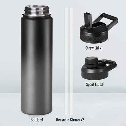 Fijinhom 24 oz Insulated Water Bottle with Handle, 304 Stainless Steel Water Bottles with Wide Mouth, Double Wall Vacuum Sports Water Bottle, BPA Free, Keep Cold and Hot, Black | with Handle