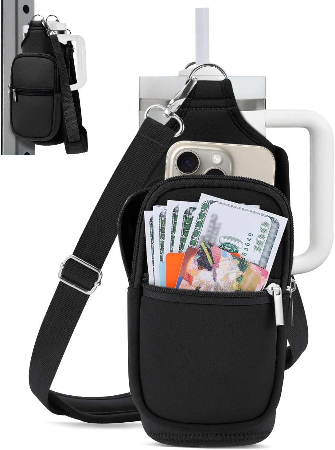 IPOW Magnetic Gym Bag Water Bottle Carrier Holder with Phone Pockets & Shoulder Strap for Men Women,Water Bottle Holder, Gym Pouch, Crossbody Bag for Travel, Sports, Work, Fitness - Black