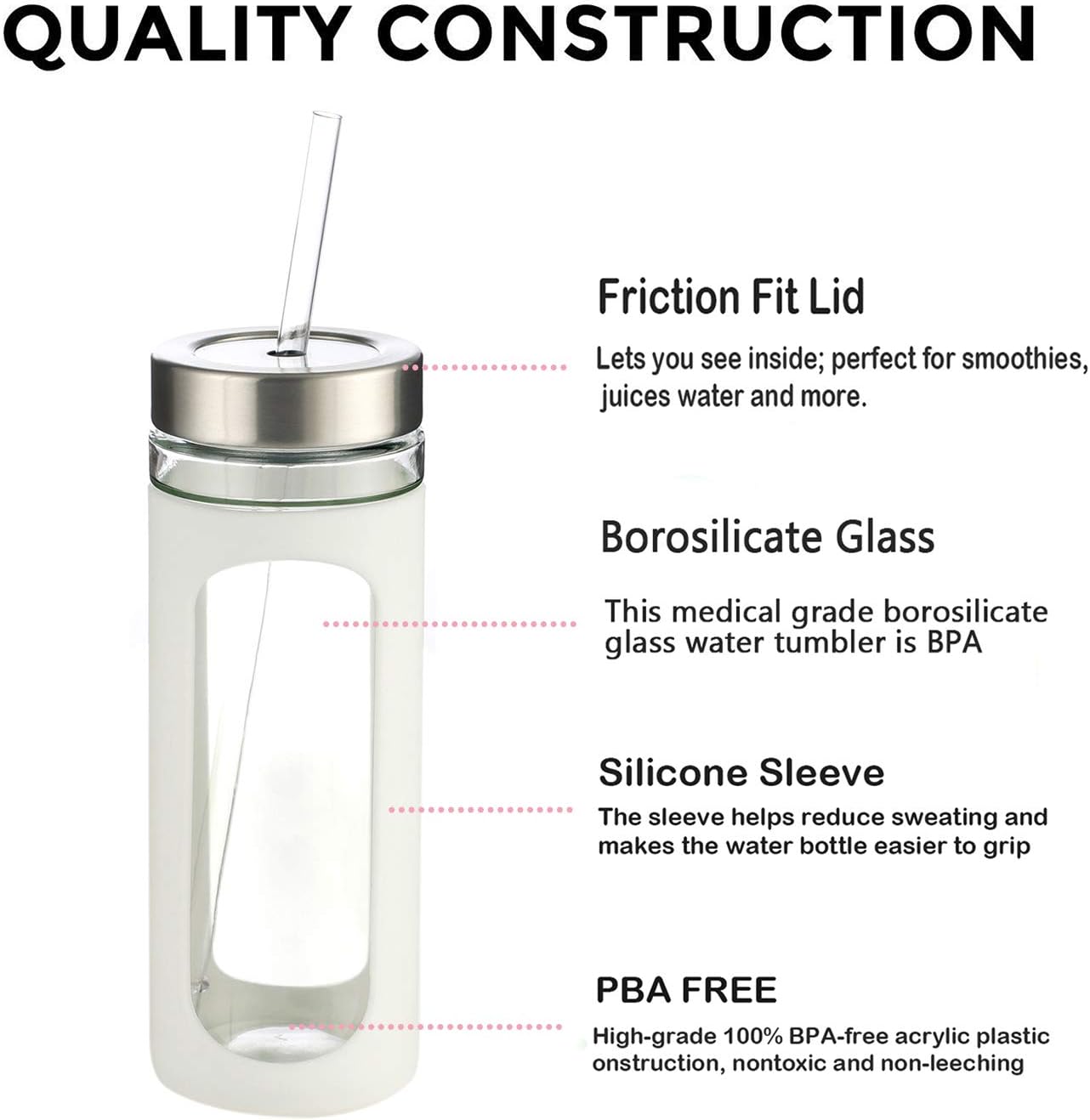 Kodrine 20oz Glass Water Tumbler with Straw and Lid, Bamboo Lids Water Bottle, Iced Coffee Cup Reusable, Wide Mouth Smoothie Cups with Protective Silicone Sleeve BPA FREE-Black - Colors B