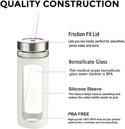Kodrine 20oz Glass Water Tumbler with Straw and Lid, Bamboo Lids Water Bottle, Iced Coffee Cup Reusable, Wide Mouth Smoothie Cups with Protective Silicone Sleeve BPA FREE-Black - Colors B