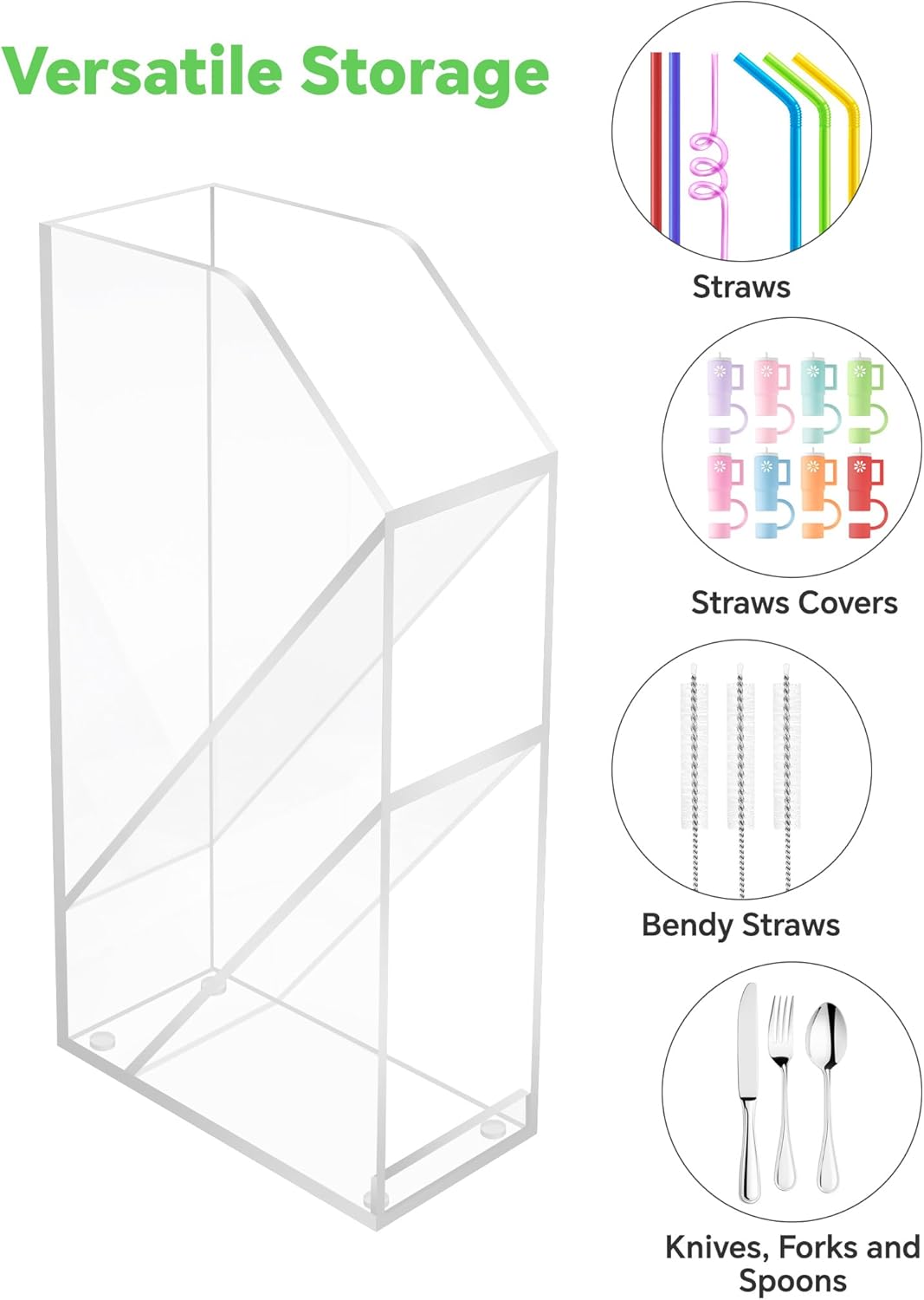 NiHome Straw Holder for Kitchen Cabinet Door, Large Capacity Dual Compartments for 10-12 Inch Straws, Angled Design for Easy Access, Extra Bottom Storage for Caps, Horizontal or Vertical Placement