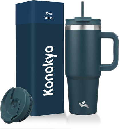 Konokyo 30 oz Tumbler with Handle and 2 Straws,2 in 1 Lid Insulated Water Bottle Stainless Steel Travel Coffee Mug,Sky