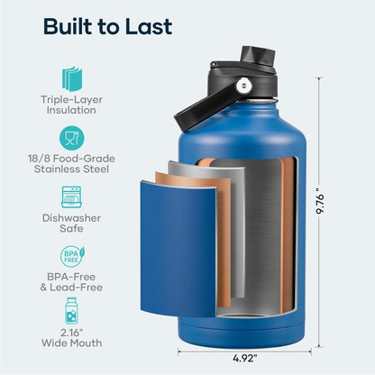 BUZIO 40oz Insulated Water Bottle, Triple Wall Vacuum Stainless Steel Water Flask with 2 lids, Lead-Free BPA-Free Straw Lid Sports Canteen Jug, Cold 48H & Hot 24H- Black - Colors B