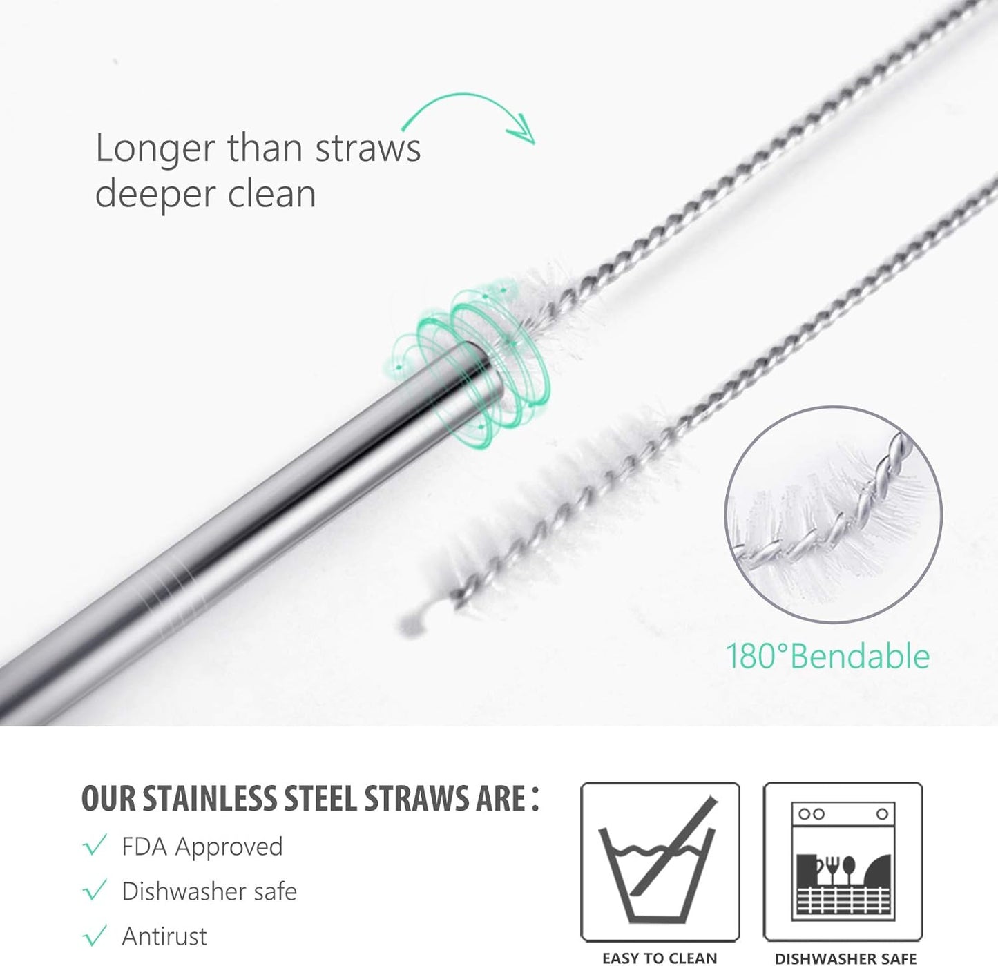 Teivio 8 Pack Short Stainless Steel Straws 6 inch Bent Metal Reusable Straws with Silicone Tips and Case, Cleaning Brush and Carry Bag for Cocktail Glasses, Small Cups