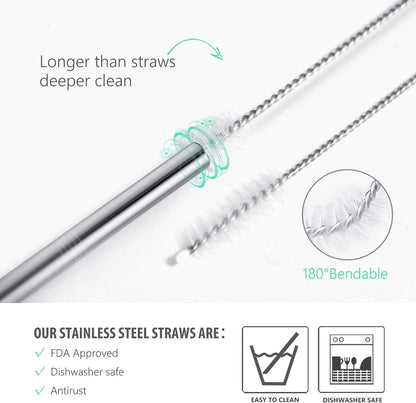 Teivio 8 Pack Short Stainless Steel Straws 6 inch Bent Metal Reusable Straws with Silicone Tips and Case, Cleaning Brush and Carry Bag for Cocktail Glasses, Small Cups