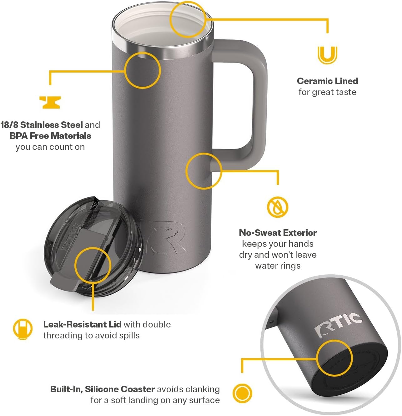 RTIC 20oz Road Trip Travel Mug with Lid and Handle, Ceramic Lined, Insulated, Stainless Steel, Metal, Double Wall Vacuum-Insulation, Portable Coffee, Tea Cup for Hot and Cold Drink, Black
