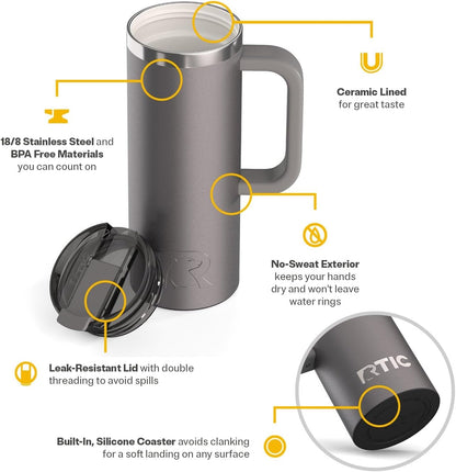 RTIC 20oz Road Trip Travel Mug with Lid and Handle, Ceramic Lined, Insulated, Stainless Steel, Metal, Double Wall Vacuum-Insulation, Portable Coffee, Tea Cup for Hot and Cold Drink, Black