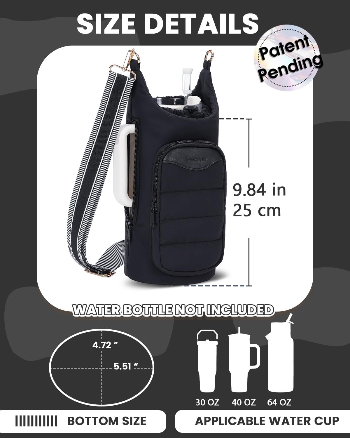 sportsnew Water Bottle Holder, Crossbody Insulated Cup Sleeve for 30oz/40oz Tumbler with Handle, Puffy Carrier Bag with Phone & RFID-Blocking Card Pocket & Drawstring Closure for Quick Access