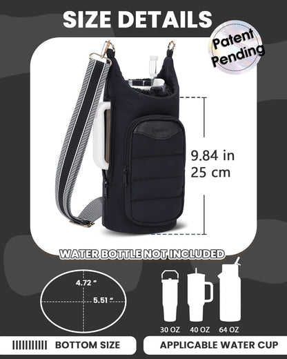 sportsnew Water Bottle Holder, Crossbody Insulated Cup Sleeve for 30oz/40oz Tumbler with Handle, Puffy Carrier Bag with Phone & RFID-Blocking Card Pocket & Drawstring Closure for Quick Access