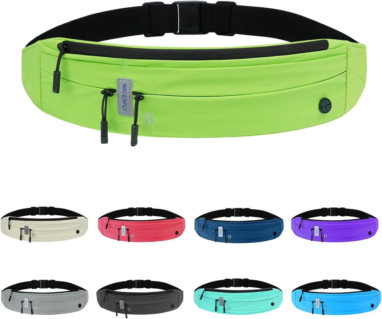 WATERFLY Running Belt Fanny Pack: Runner Marathon Jogging Waist Pack Sport Workout Exercise Fitness Phone Holder Belt for Men Women Jogger Slim Waist Bag Black