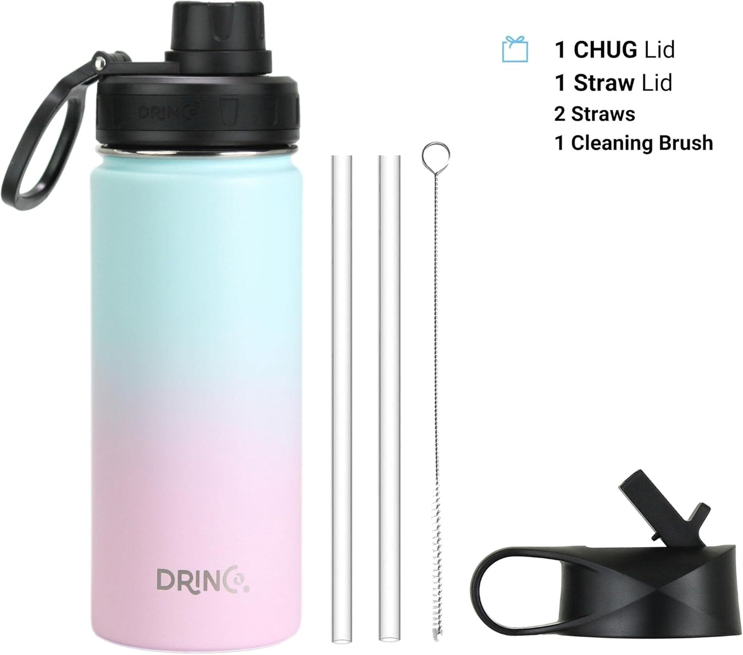 Drinco Stainless Steel Water Bottle Spout Lid Vacuum Insulated Double Wall Water Bottle Wide Mouth (40oz 32oz 22oz 18oz 14oz) Leak Proof Keep Cold Sport Camping Hiking (22 oz, 22oz Black)