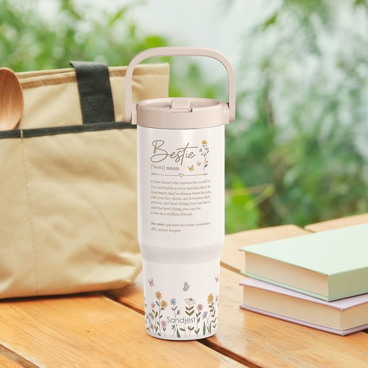 SANDJEST Leopard Skin Stainless Steel Straw Lid Tumbler 30oz with Carry Handle for Women Girls, Insulated Travel Coffee Cup, Gift for Sports Outdoor Workout Christmas Birthday (Beige)