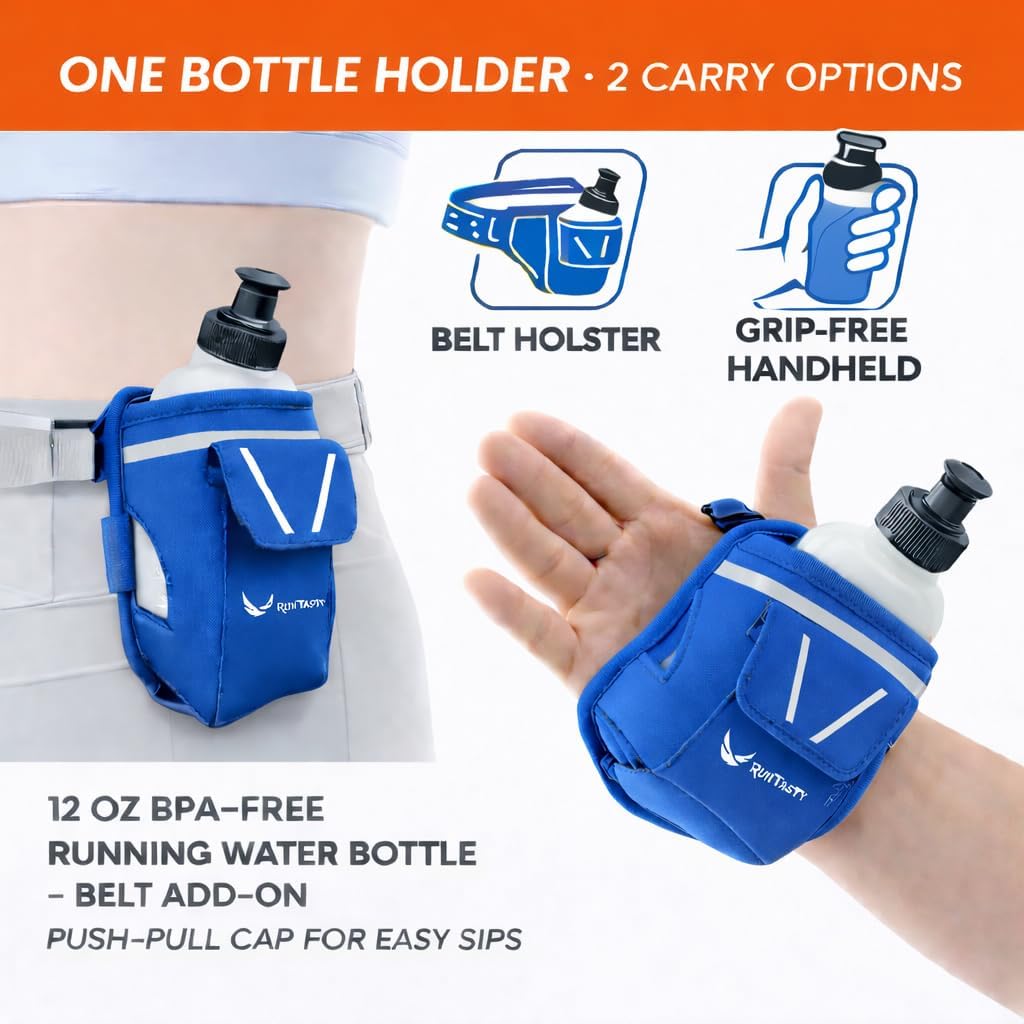 2-in-1 Running Fun: Handheld 12 Oz Water Bottle & Running Belt Add-On. No-Grip Design Straps on Hand & Slides on Belt. Waterproof Pocket for Money, Keys. Maximize Time, Freedom & Health