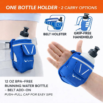 2-in-1 Running Fun: Handheld 12 Oz Water Bottle & Running Belt Add-On. No-Grip Design Straps on Hand & Slides on Belt. Waterproof Pocket for Money, Keys. Maximize Time, Freedom & Health