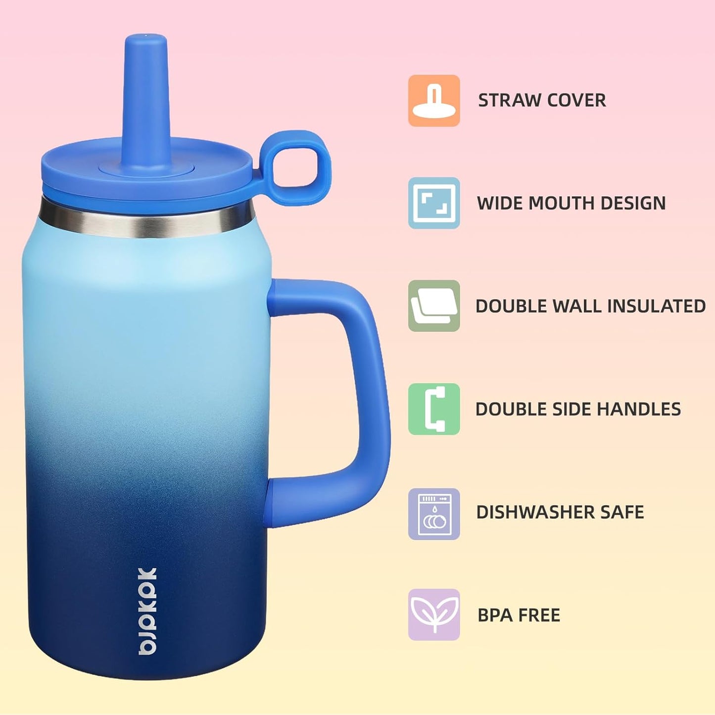 BJPKPK 50oz Insulated Tumbler with Handle Stainless Steel Travel Coffee Mug with Lid Reusable Large Water Bottle with Straw,Sky