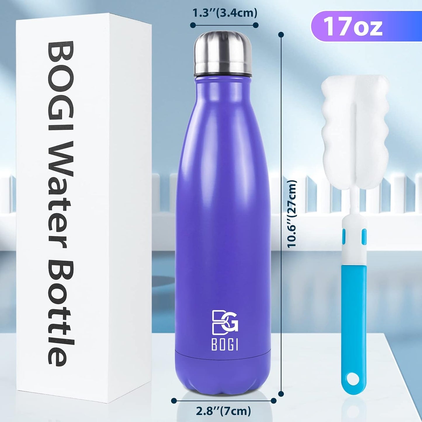 BOGI 17oz Insulated Water Bottle Double Wall Vacuum Stainless Steel Water Bottles, Leak Proof Metal Sports Water Bottle Keeps Drink Hot and Cold - Perfect for Outdoor Sports Camping Biking (Purple)