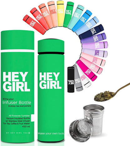 Hey Girl Tea Infuser Bottle 450ml - Insulated Stainless Steel Water Bottle - Tea Tumbler with Tea Diffuser - Portable Travel Mug for Loose Leaf Tea & Infused Water - Tea Lovers Gifts for Women (Pink)