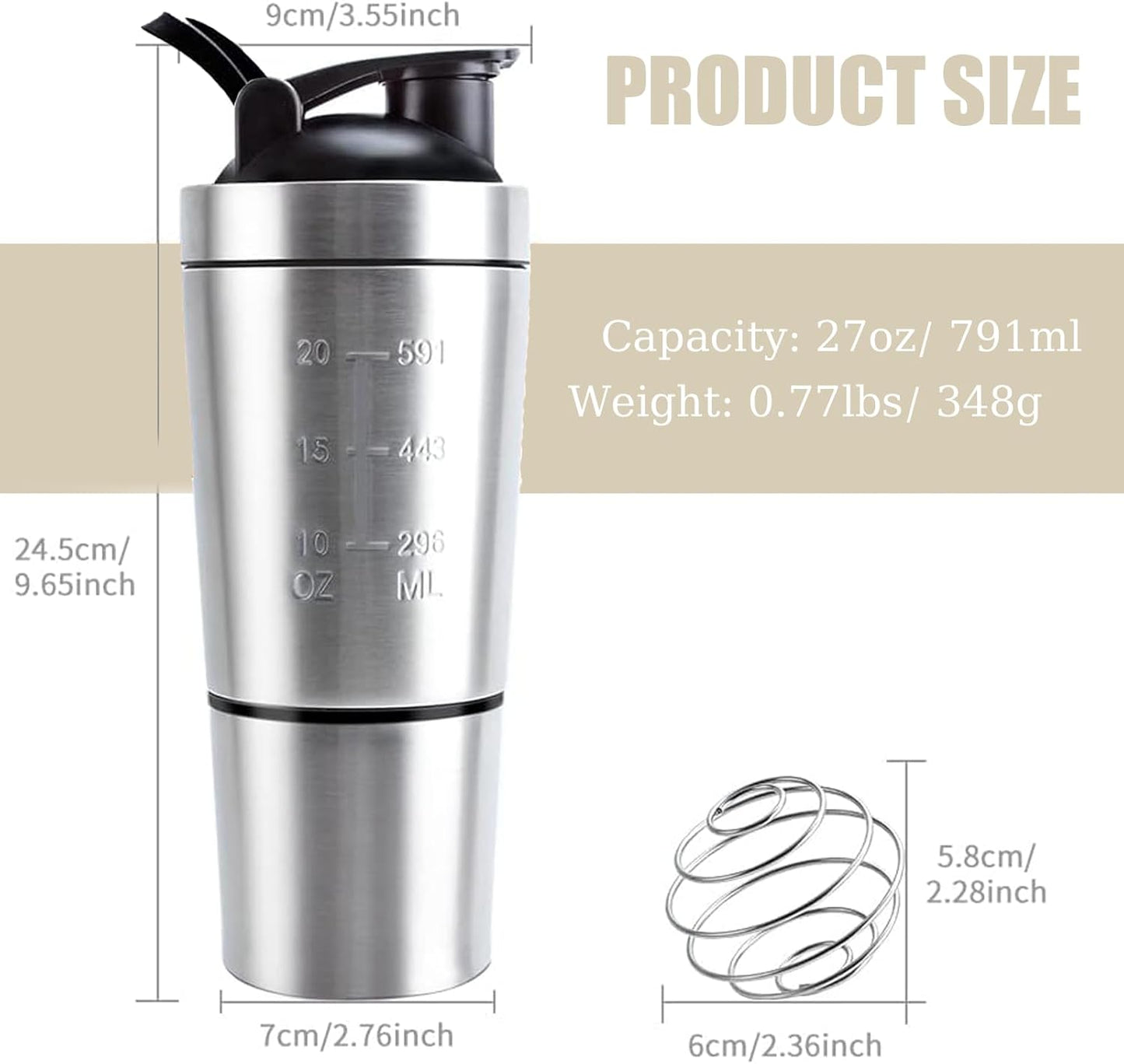 VALESKA 20-Ounce Stainless Steel Protein Shaker Bottle With Wire Whisk - BPA Free, Leak-Proof, Dishwasher Safe, Perfect for Gym Workout