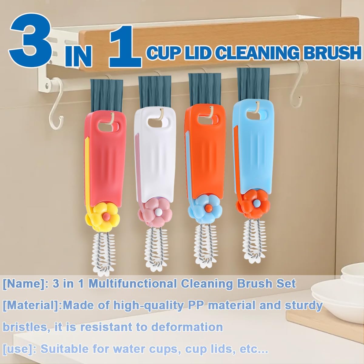 3 in 1 Cup Lid Cleaning Brush, 4PCS Multifunctional Crevice Cleaning Brush for Water Bottle Insulated Cup Tumbler Lid Groove Narrow Space Detail Cleaner Home Kitchen Gadgets