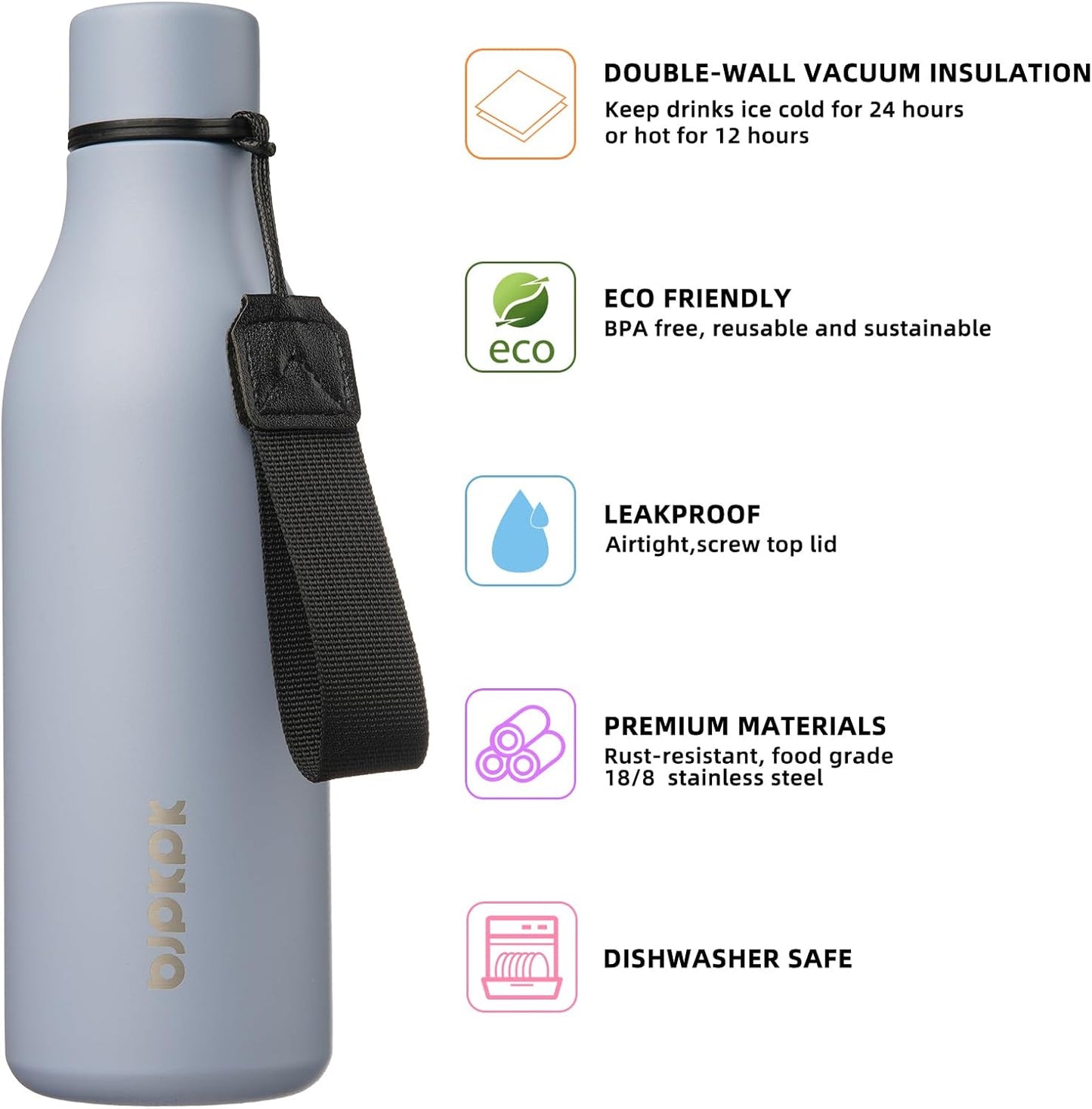 BJPKPK Insulated Water Bottles, 18 oz Stainless Steel Metal Water Bottle with Strap, BPA Free Leak Proof Jugs, Mugs, Flasks, Reusable Thermal Flasks for Sports & Travel, Black - Colors B