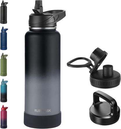 RUBYFLASK 32oz Insulated Water Bottle with Straw, Stainless Steel Metal Vacuum Water Flask, Large Thermal Water bottle with Leakproof 3 Lids for Travel, Camping, Gym Sports Indigo Black
