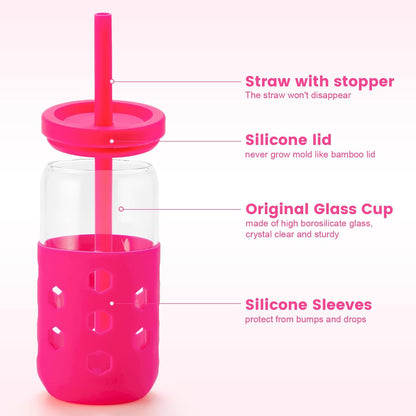 Mrsdry Glass Cups with Lids and Straws (4 Pcs), 16oz Drinking Glasses Set with Silicone Sleeves for Coffee Bar Accessories Iced Coffee Cups with Lids, Glass Tumbler Reusable for Gifts