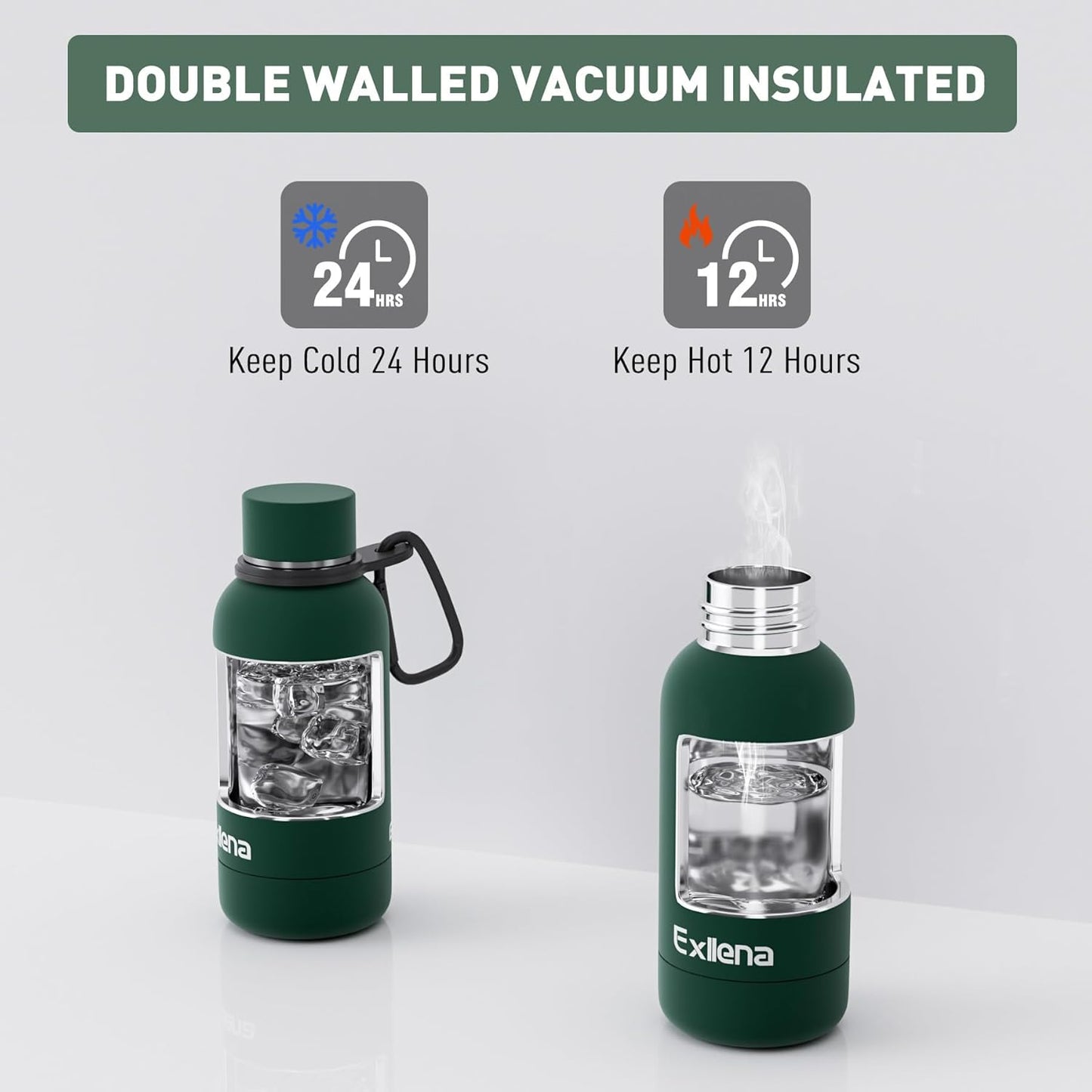 Exllena Slim Insulated Water Bottles for Travel 18oz with Clip, Double Wall Vacuum Stainless Steel Water Bottle Keeps Drinks Cold 24 Hrs/Hot 12 Hrs, 100% Leakproof, BPA Free(Black)