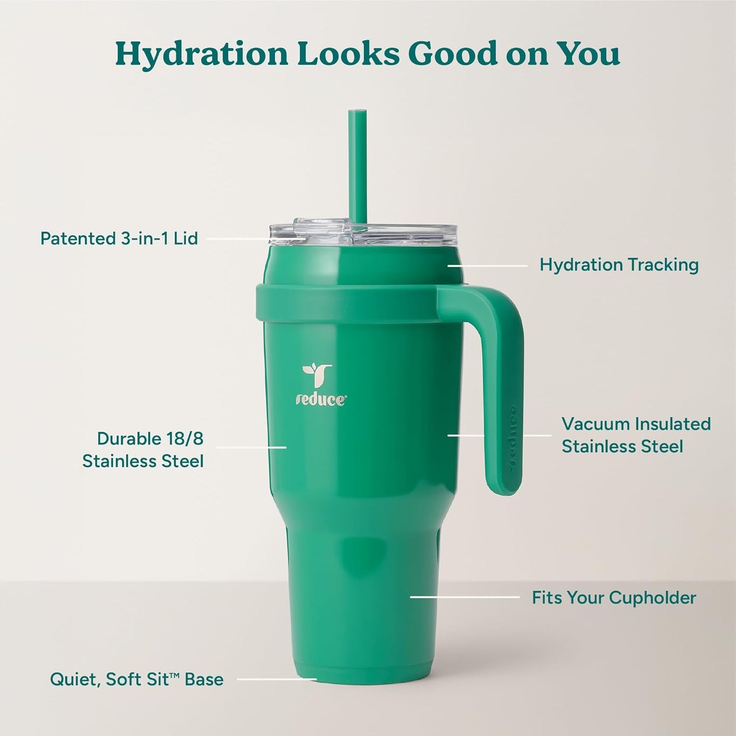REDUCE 24 oz Stainless Steel Tumbler with Handle - Dual-Wall Vacuum Insulated Travel Mug, Sweat-Proof Lid & Reusable Straw - Keeps Drinks Cold for 24 Hrs, Fits Cupholders, Dishwasher Safe - Lilac Bud