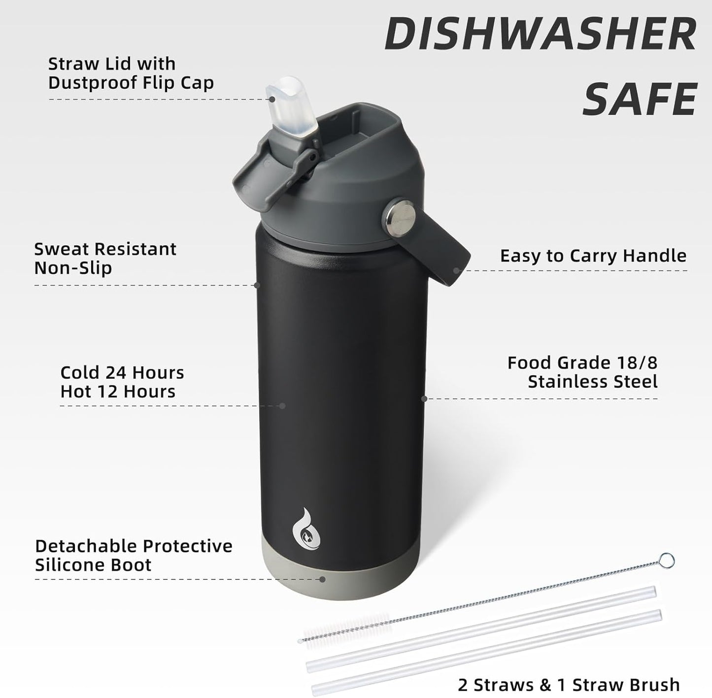 BJPKPK Insulated Water Bottle with Straw Lid, 18oz Thermo Water Bottles with Soft Nozzle, Flex Handle & Non-slip Boot, BPA Free Leak Proof Stainless Steel Metal Thermo, Tumblers, Cups,Sea Salt