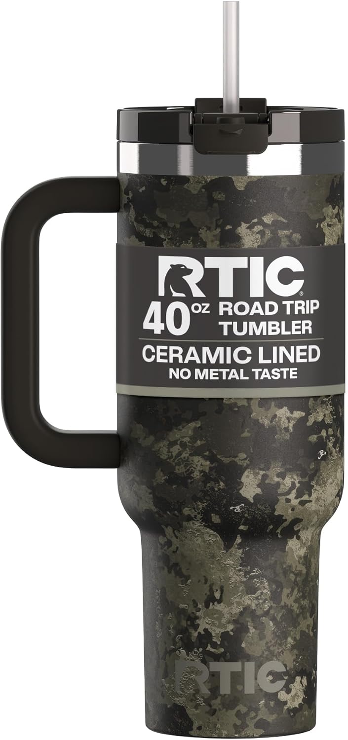 RTIC 30 oz Road Trip Tumbler Double-Walled Ceramic Lined InsulatedStainless Steel Portable Travel Coffee Mug Cup with Lid, Handle and Straw, Periwinkle Bouquet