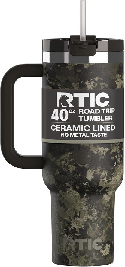 RTIC 30 oz Road Trip Tumbler Double-Walled Ceramic Lined InsulatedStainless Steel Portable Travel Coffee Mug Cup with Lid, Handle and Straw, Periwinkle Bouquet