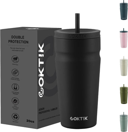 COKTIK 24oz Insulated Tumbler with Lid and Straw Iced Coffee Cup Reusable Stainless Steel Travel Mug Water Bottle Cupholder Friendly for Women Men Her Him (Blush)