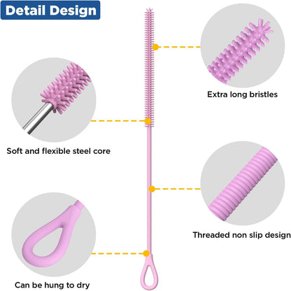 YOTIME Silicone Straw Cleaner Brush, 2Pcs Reusable Straw Brush Extra Long for Cleaning Tumbler with Handle and Glass Metal Smoothie Straws, Non-slip Handle Soft and Bendable, 6mm+9mm, Blue