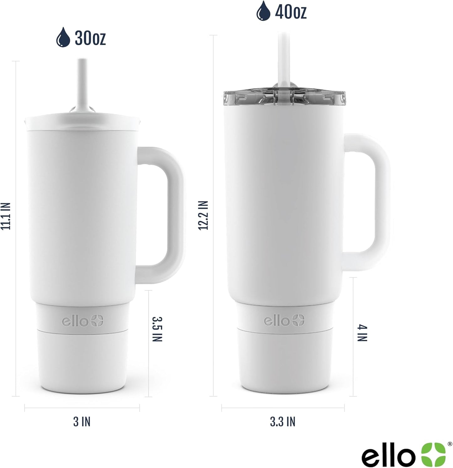 Ello Port 40oz Tumbler with Carry Loop & Integrated Handle, Vacuum Insulated Stainless Steel Reusable Water Bottle, Travel Mug with Leak Proof Lid & Straw, Perfect for Iced Coffee & Tea, White